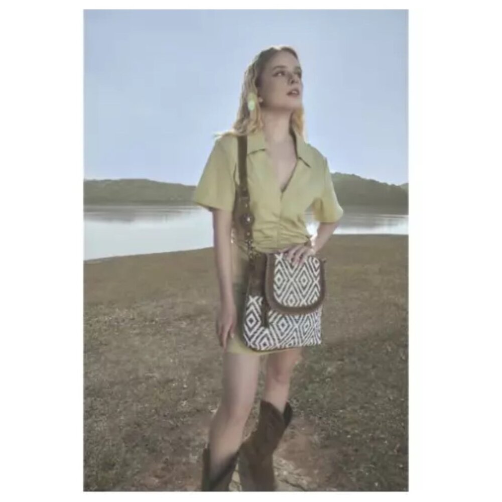 Myra Bag Sand Weaver Shoulder Purse Upcycled Canvas & Aged Leather Boho western